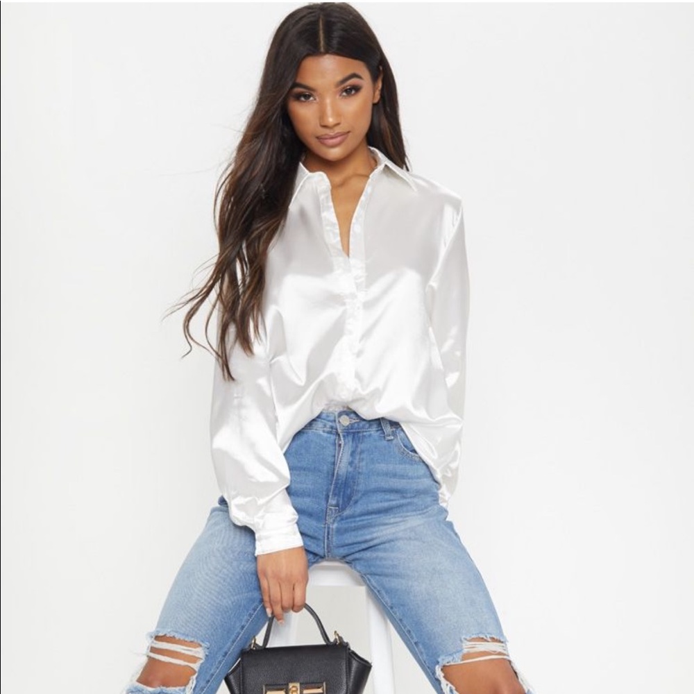 White Satin Button Front Shirt